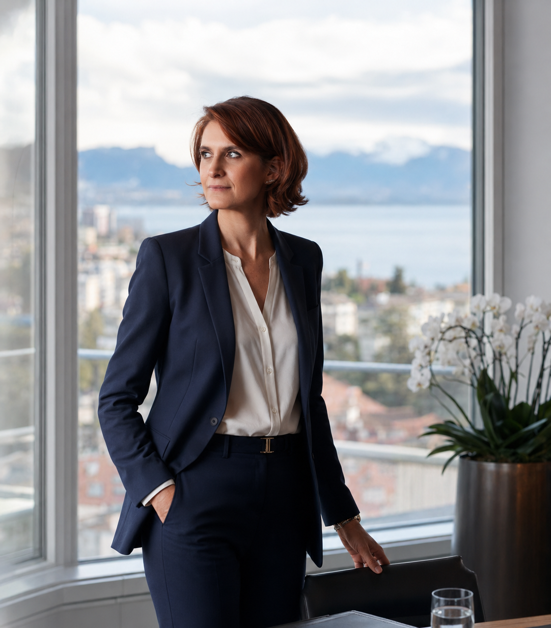 Emilie Bardettis, consultante en diagnostic d'entreprises, debout devant une baie vitrée avec vue sur le lac Léman
