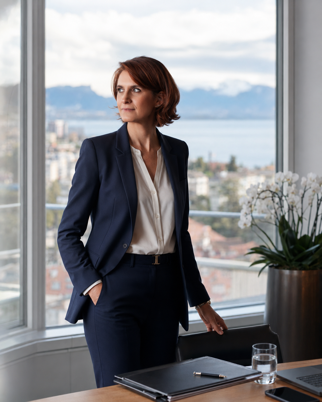 Emilie Bardettis, consultante en diagnostic stratégique, debout devant une baie vitrée avec vue sur le lac Léman